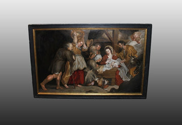 Oil on canvas from the early 1700s depicting the Adoration of the Baby Jesus with Shepherds and Women Flemish School