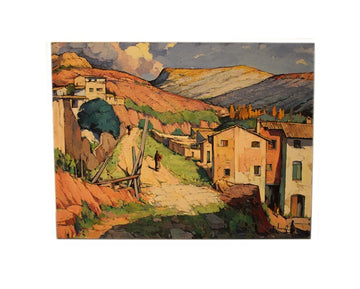 Olio su tela spagnolo di metà XX secolo raffigurante veduta cittadina Catalana Firmato Tomas Perez Martinez 1911 – 1992