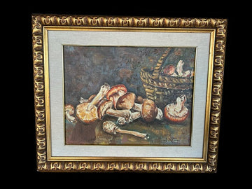 Olio su tela Italiano Natura Morta Raccolta di Funghi Porcini Antonio De Cecco 1898 - ?