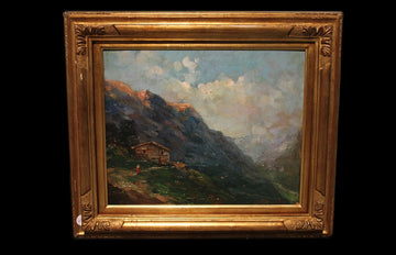 Olio su tavola Italiano del XX secolo raffigurante Paesaggio di montagna 
