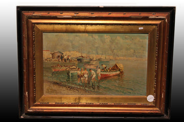 Oil on panel Italian from 1800 depicting Marina with Port and Fishermen