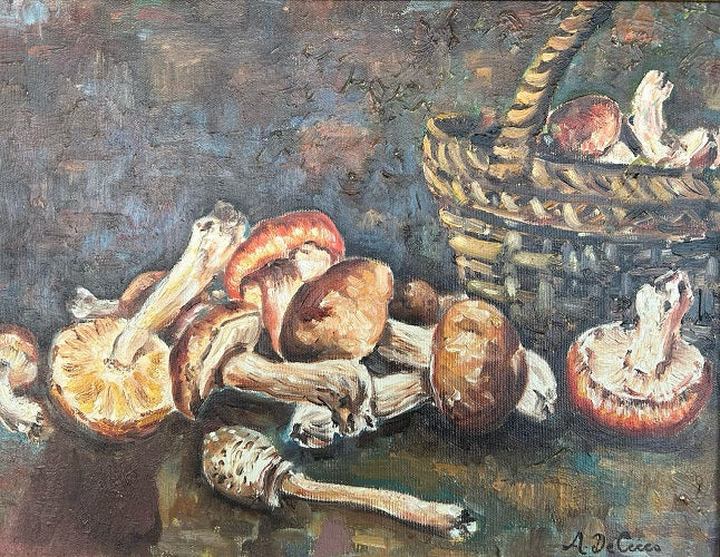 Olio su tela Italiano Natura Morta Raccolta di Funghi Porcini Antonio De Cecco 1898 - ?