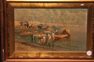 Olio su tavola Italiano del 1800 Raffigurante Marina con Porto e Pescatori
