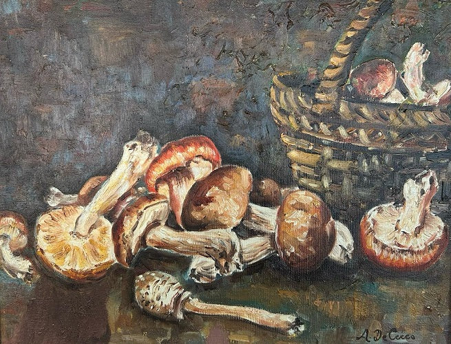 Olio su tela Italiano Natura Morta Raccolta di Funghi Porcini Antonio De Cecco 1898 - ?