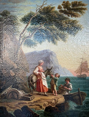 French oil on canvas from the early 1800s depicting a scene of family life