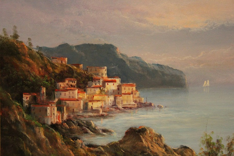 Olio su tela italiano del XX secolo Firmato "Raffigurante Costiera Amalfitana"