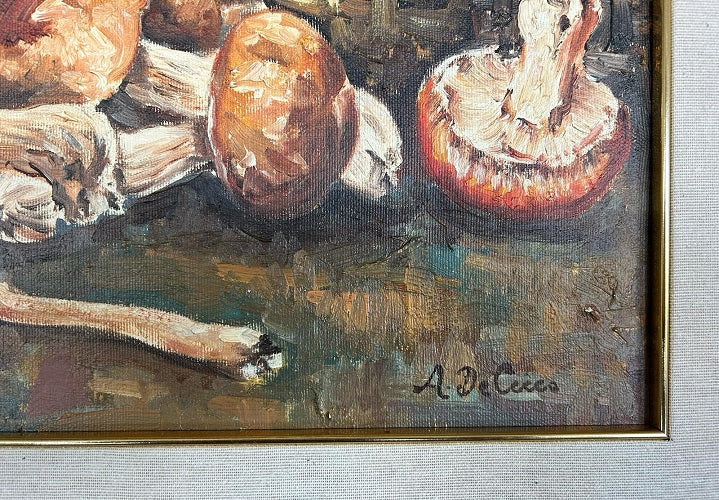 Olio su tela Italiano Natura Morta Raccolta di Funghi Porcini Antonio De Cecco 1898 - ?