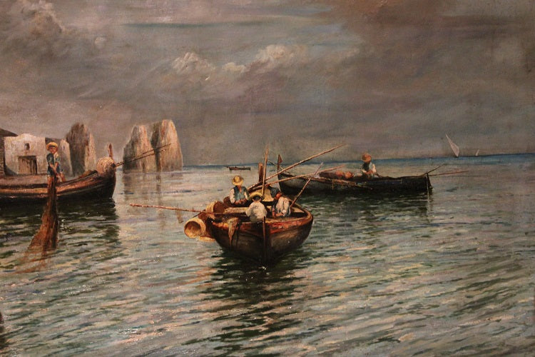 Olio su tela italiano del XIX secolo Antonio Coppola 1850 - 1902 Marina con imbarcazione e veduta di cittadina
