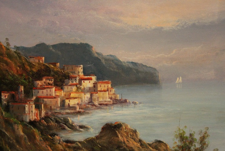 Olio su tela italiano del XX secolo Firmato "Raffigurante Costiera Amalfitana"