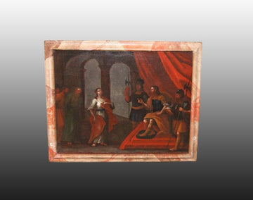Antico dipinto olio su tela Scena Biblica donna in giudizio da re e soldati