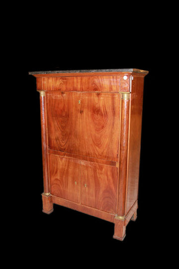 French Empire secretaire desk chest in mahogany wood with bronzes and black marble top