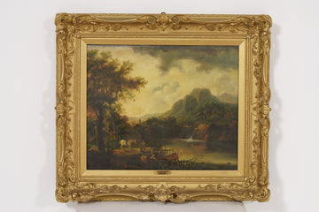 Landschaft mit Fluss: Gemälde aus dem 19. Jahrhundert in Öl auf Leinwand 104x93 cm