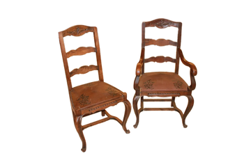 Set of 8 French Chairs in Provençal Style with Embossed Leather Seats