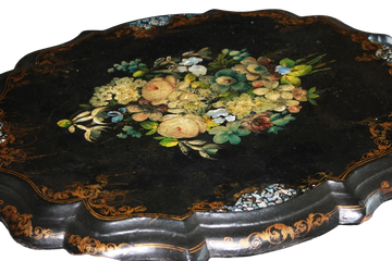 Papier Side Table in Ebonized Wood with Paintings and Mother-of-Pearl Inlays