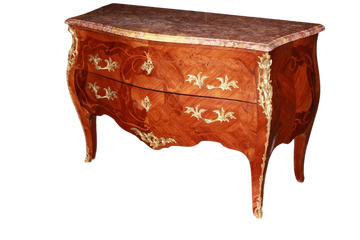 Comò francese del 1800 stile Luigi XV in legno di Bois de Rose riccamente intarsiato