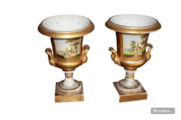 Pair of Old Paris Porcelain Crater Vases with Landscapes and Figures