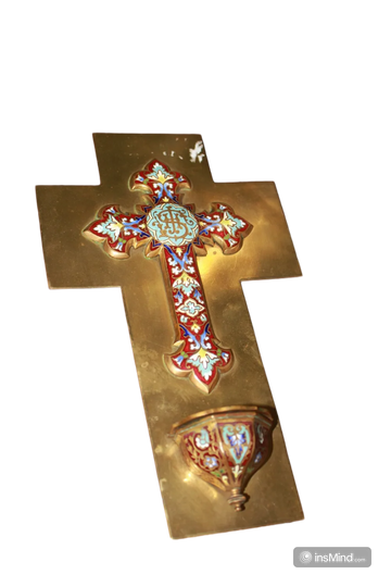 Crucifix en Métal Cloisonné avec Bénitier 1900