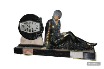 Art Deco Table Clock with Lady and Marble Base