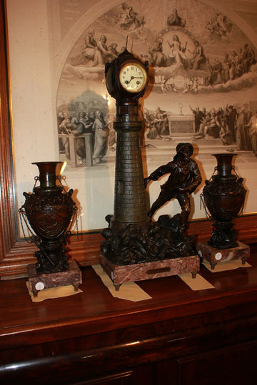 Large French Triptych Clock with 2 Vases, Nautical Theme with Lighthouse and Sailor