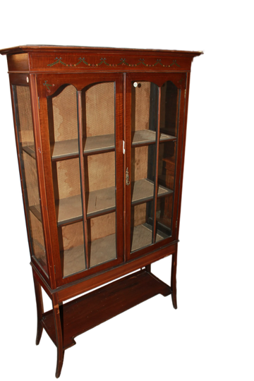 Vitrine victorienne du XIXe siècle à 2 portes avec peintures et incrustations