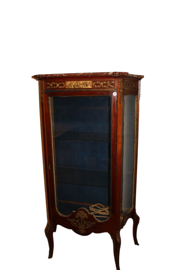 French Display Cabinet in Louis XV Style with Bronze Ornaments and Marble Top, Made of Mahogany