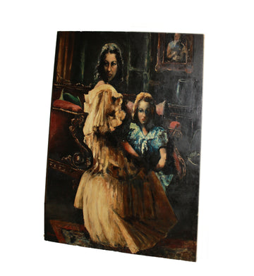 Olio su tela francese di Auguste Durand-Rosé – Ritratto di famiglia con dama e fanciulla (Prima metà del '900)