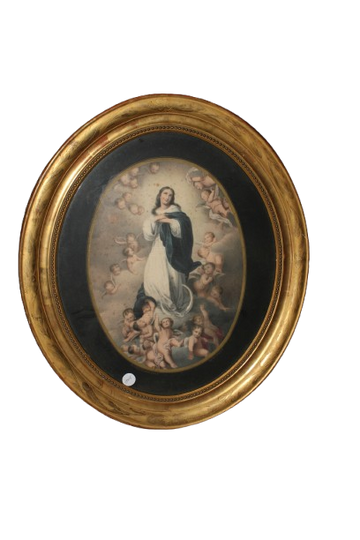 Französischer Ovalrahmen aus dem 19. Jahrhundert mit Madonna-Druck – Vergoldetes Holz, späte 1800er Jahre