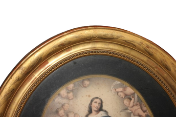 Cornice Ovale Francese del 1800 Con Stampa Raffigurante Madonna