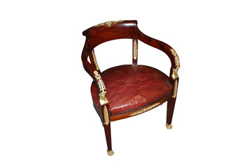 French Empire Desk Armchair – 1800s Mahogany with Gilt Bronze and Leather Seat