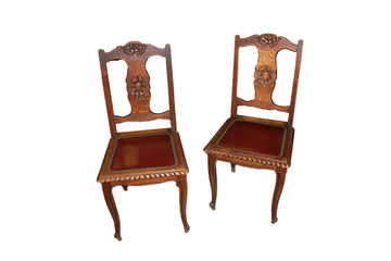 Ensemble de 6 chaises provençales françaises – XIXe siècle, en chêne avec dossier ajouré et assise en cuir