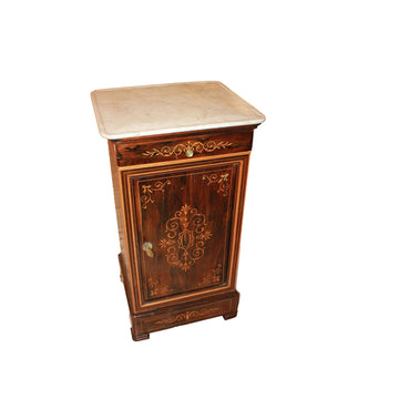 French Charles X Style Bedside Table with Marble Top and Inlays – 19th Century