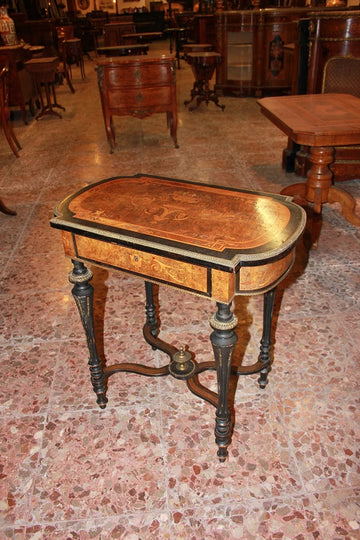 French Louis XVI style dressing table in ebony wood and richly stained elm burl