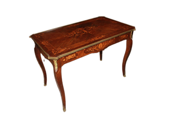 French Louis XV style writing table from 1800 with bronzes and rich inlay motifs