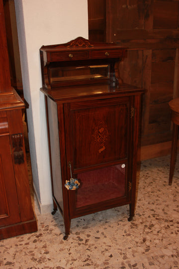 Low Victorian display cabinet from the second half of the 19th century in rosewood with inlays and splashback with mirror