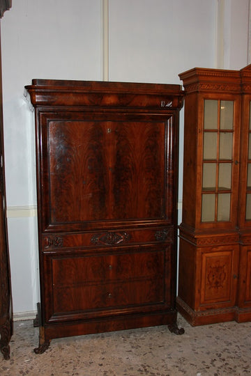 Large Biedermeier secretaire desk chest from the second half of the 19th century in mahogany feather