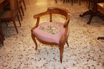 French Directoire style desk armchair in walnut wood with small stitch embroidery