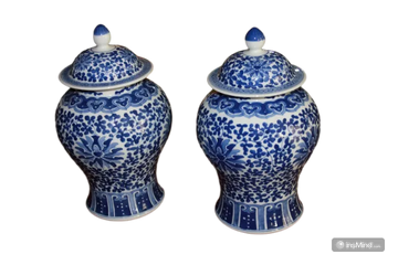 Paar Chinesische Porzellanvasen mit Deckel in Weiß und Blau