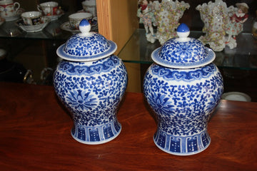 Coppia di potiche piccoli vasi cinesi in porcellana bianca e azzurra con coperchio