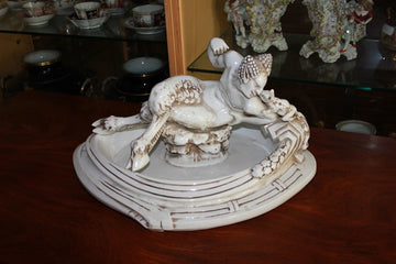 Large French Centerpiece from the 19th century in white porcelain with Faun Sculpture