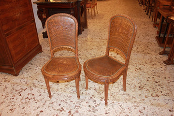 Group of 8 Louis XVI style chairs in printed leather and walnut wood from the late 19th century