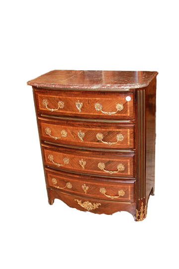 Small French Regency style chest of drawers with 4 drawers, marble top and gilded bronzes