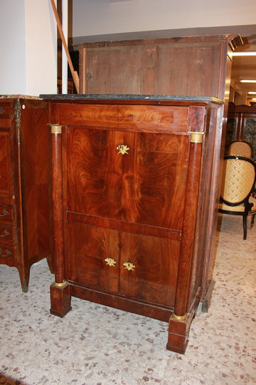 Empire style secretaire desk chest in 19th century mahogany feather with doors
