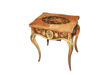 French Louis XV style dressing table in bois de rose with floral inlays on an ebony background, 19th century