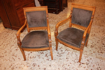Pairs of Directoire style armchairs from the mid 1800s in cherry wood with carving motifs