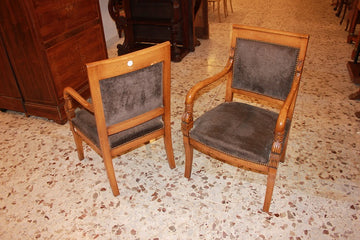 Pairs of Directoire style armchairs from the mid 1800s in cherry wood with carving motifs