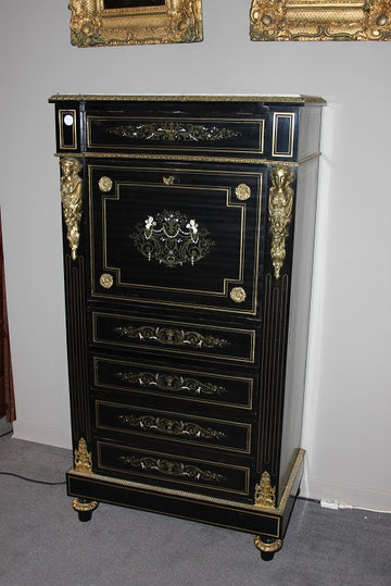 French Boulle secretaire desk chest in ebonized wood with bronzes and ivory, 19th century