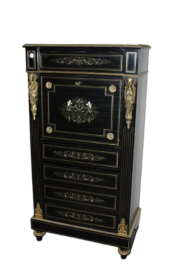 Secretaire francese Boulle in legno ebanizzato con bronzi e avorio XIX secolo