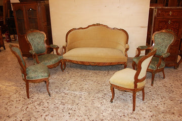 Louis XV living room with bronzes in Bois de Rose wood, sofa, 2 armchairs and 2 chairs