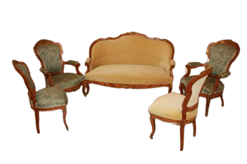 Salotto Luigi XV con bronzi in legno di Bois de Rose Divano 2 Poltrone e 2 Sedie