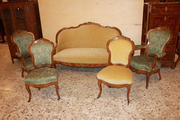 Louis XV living room with bronzes in Bois de Rose wood, sofa, 2 armchairs and 2 chairs